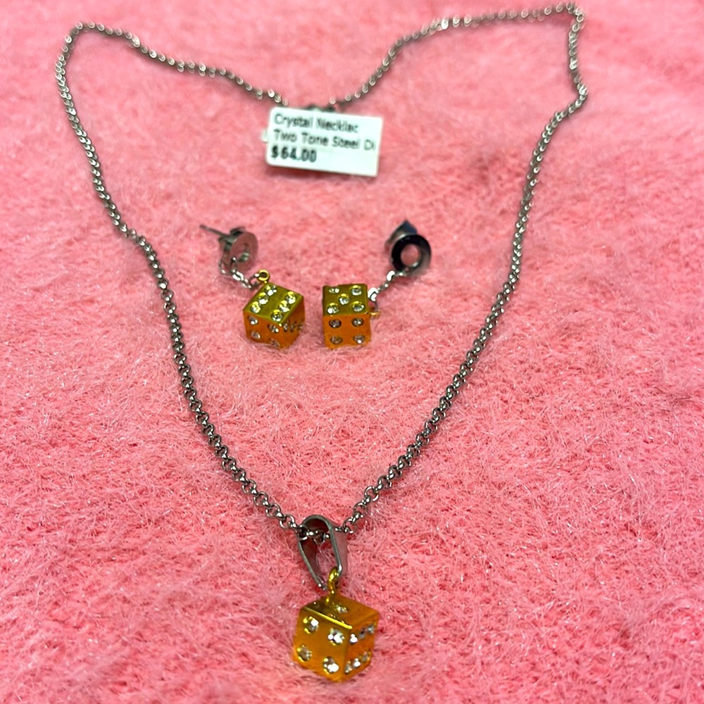 Set of crystal necklace 2 tone stainless steel dice style